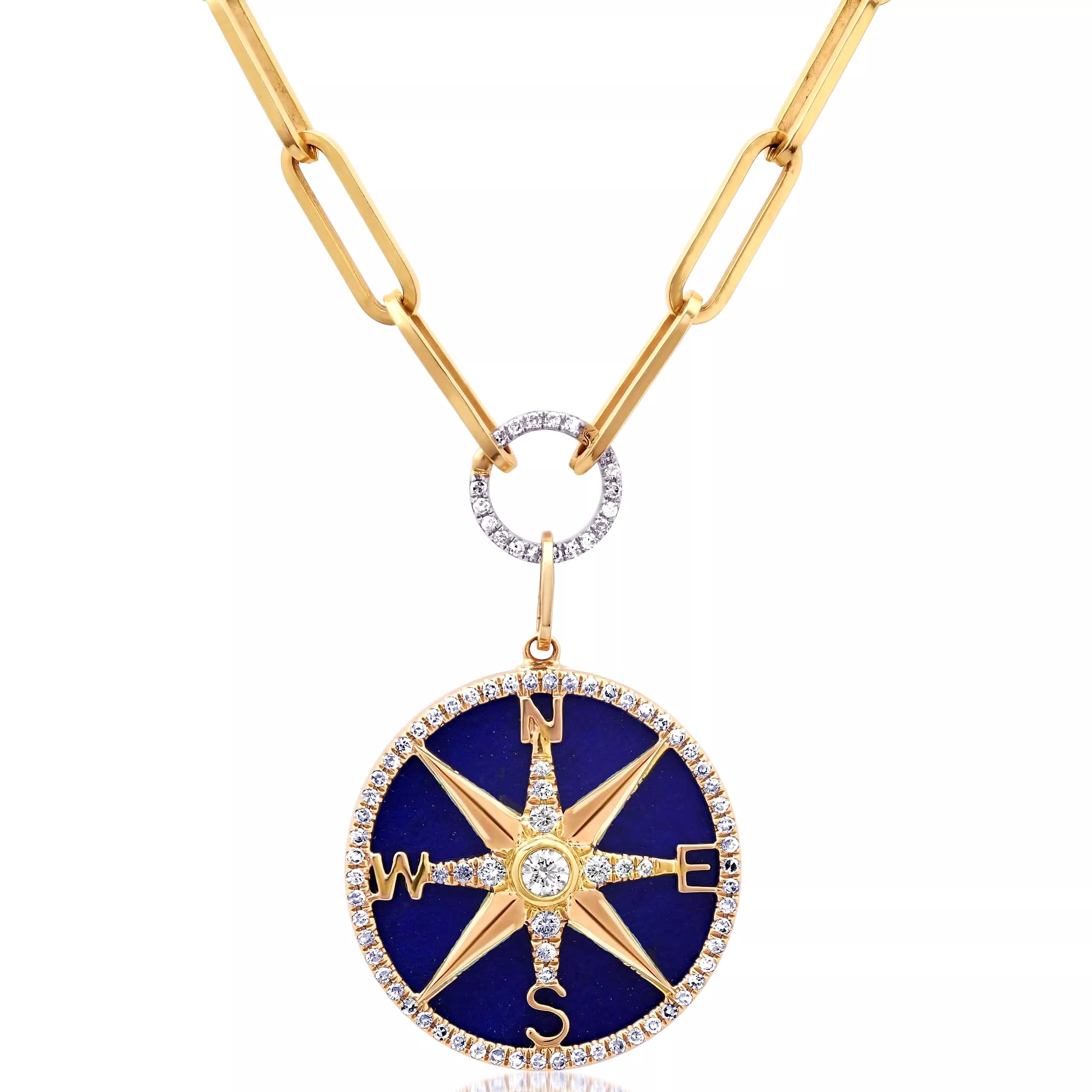 14K Gold Lapis and Pave Diamond Compass Charm, Large