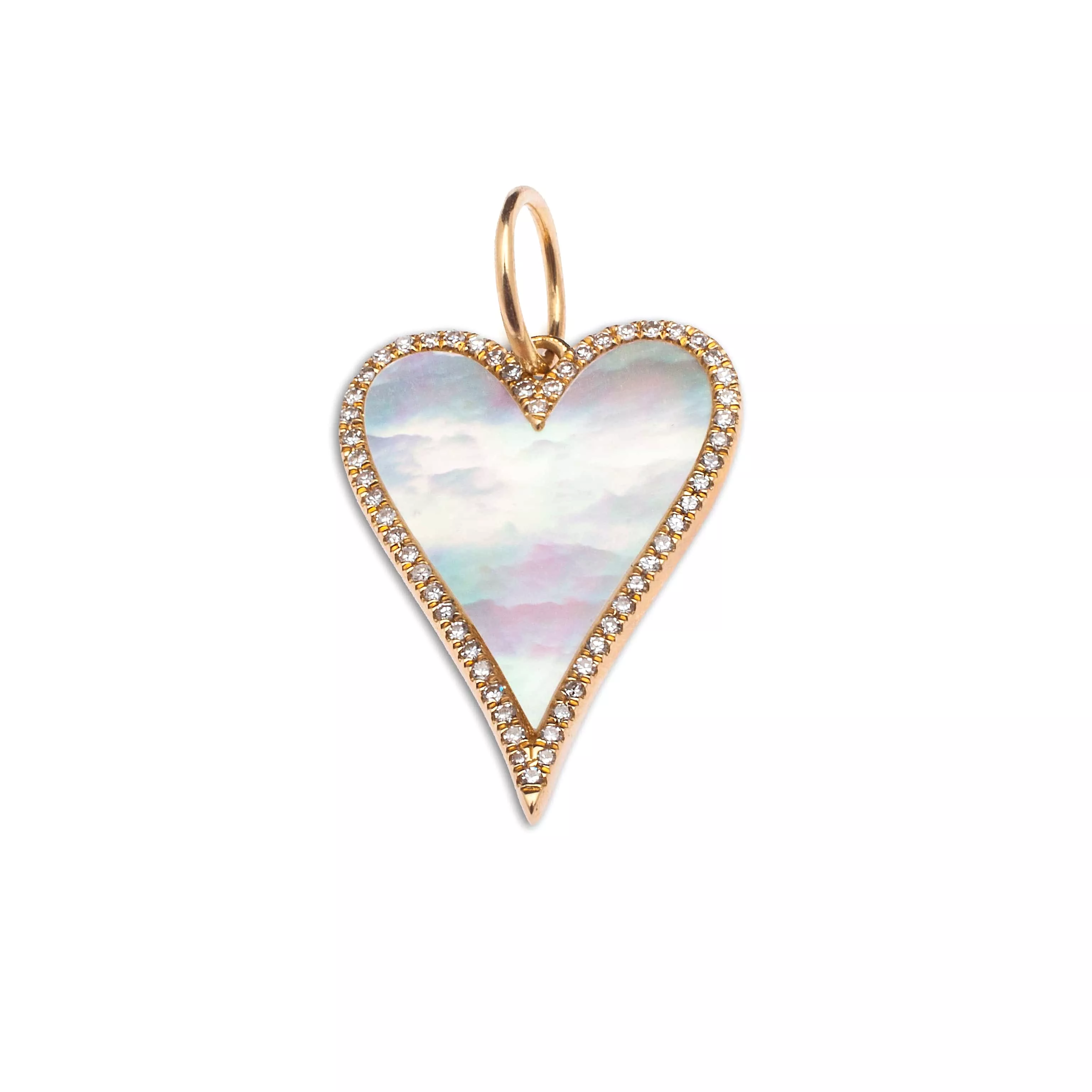 14K Gold Large Mother of Pearl and Diamond Elongated Heart Charm