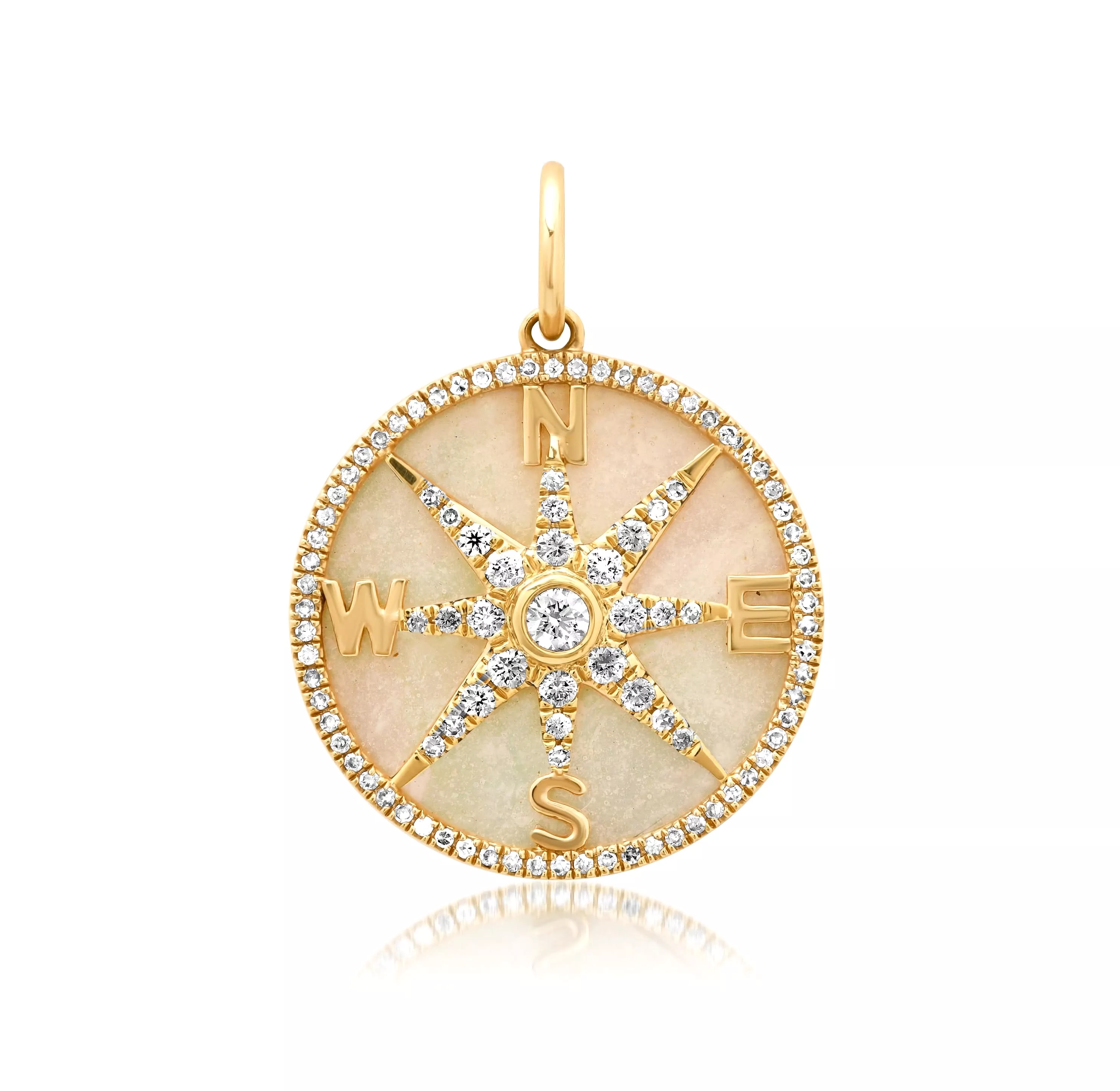 14K Gold Mother of Pearl and Pave Diamond Compass Charm, Full Diamonds