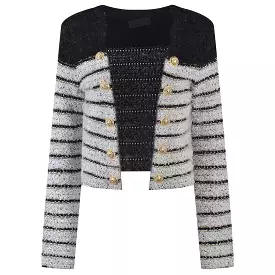 2022 Autumn Winter Elegant Striped Knitted Sweater Gold Buttons Cardigan