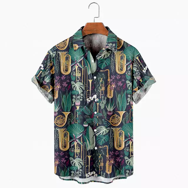 2022 New Fashion Men Short Sleeve Printed Casual Shirt Soft Slim Hawaiian Note Social Business Formal Shirt