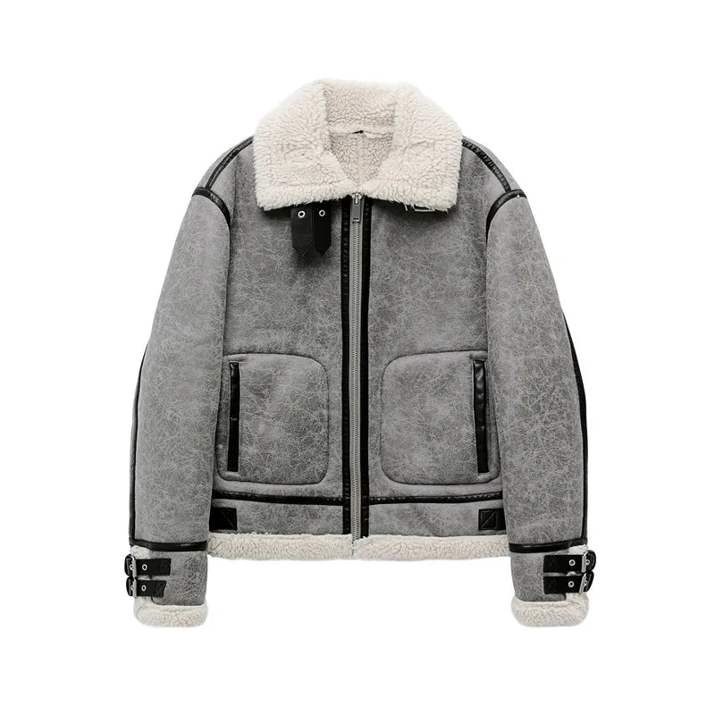 2023 men's and Unisex new gray thick lapel fur one fleece double-sided jacket Warm men's motorcycle jacket top