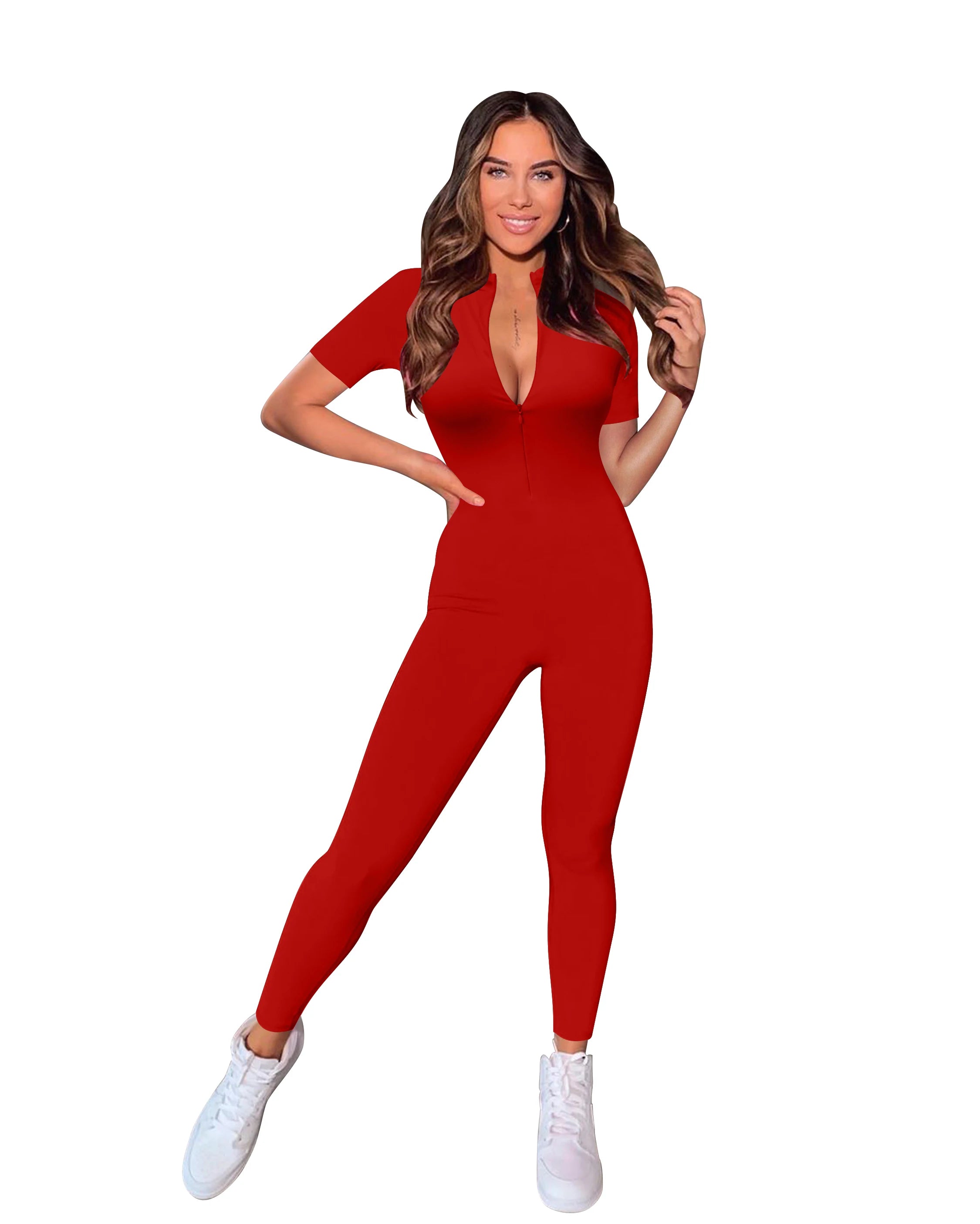 Ashore Shop Short Sleeve V Neck  Bodycon Jumpsuit Full Lengt Rompers Women