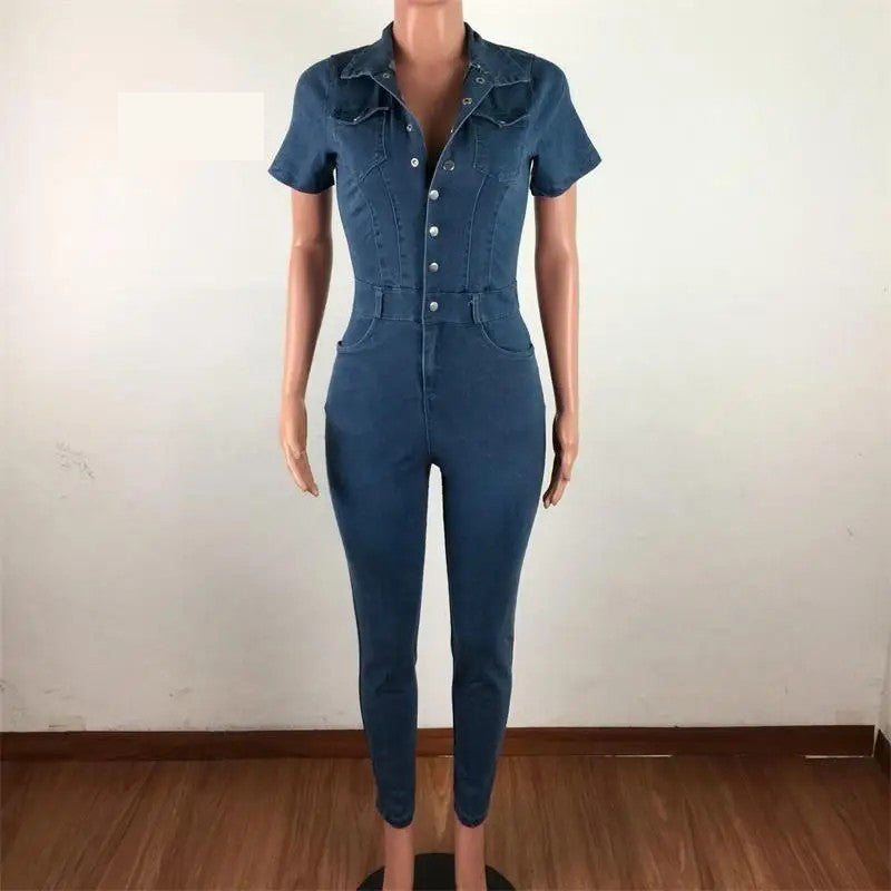 Ashore Shop Single Buttons Sexy Denim Jumpsuit Short Women Rompers