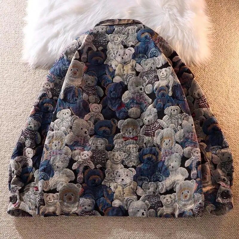 Autumn and Winter Fashion Casual Cute Bear Print Lapel Jacket for Men and Women Single-breasted Jacket  New Women Clothing S4765