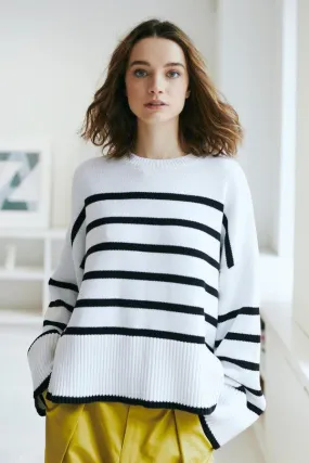 Autumn Cashmere - Relaxed Breton Stripe Crew - White/Black