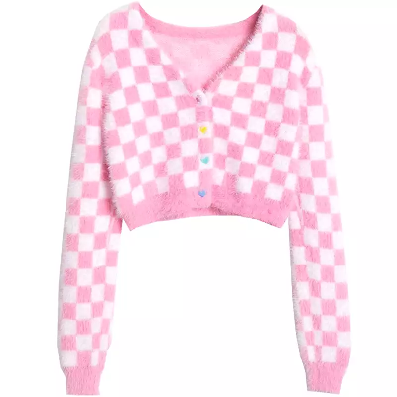 Babe Pink Checker Fuzzy Cardigan AD12072