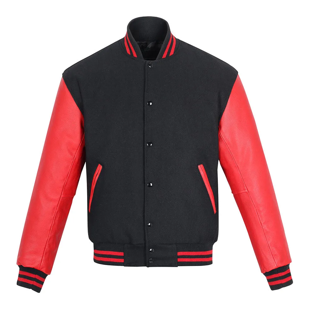 Biker Gear Pro Classic Hybrid Varsity Jacket University Letterman Bomber Jacket-Pure Wool & Original Cowhide Leather Jacket, Bla