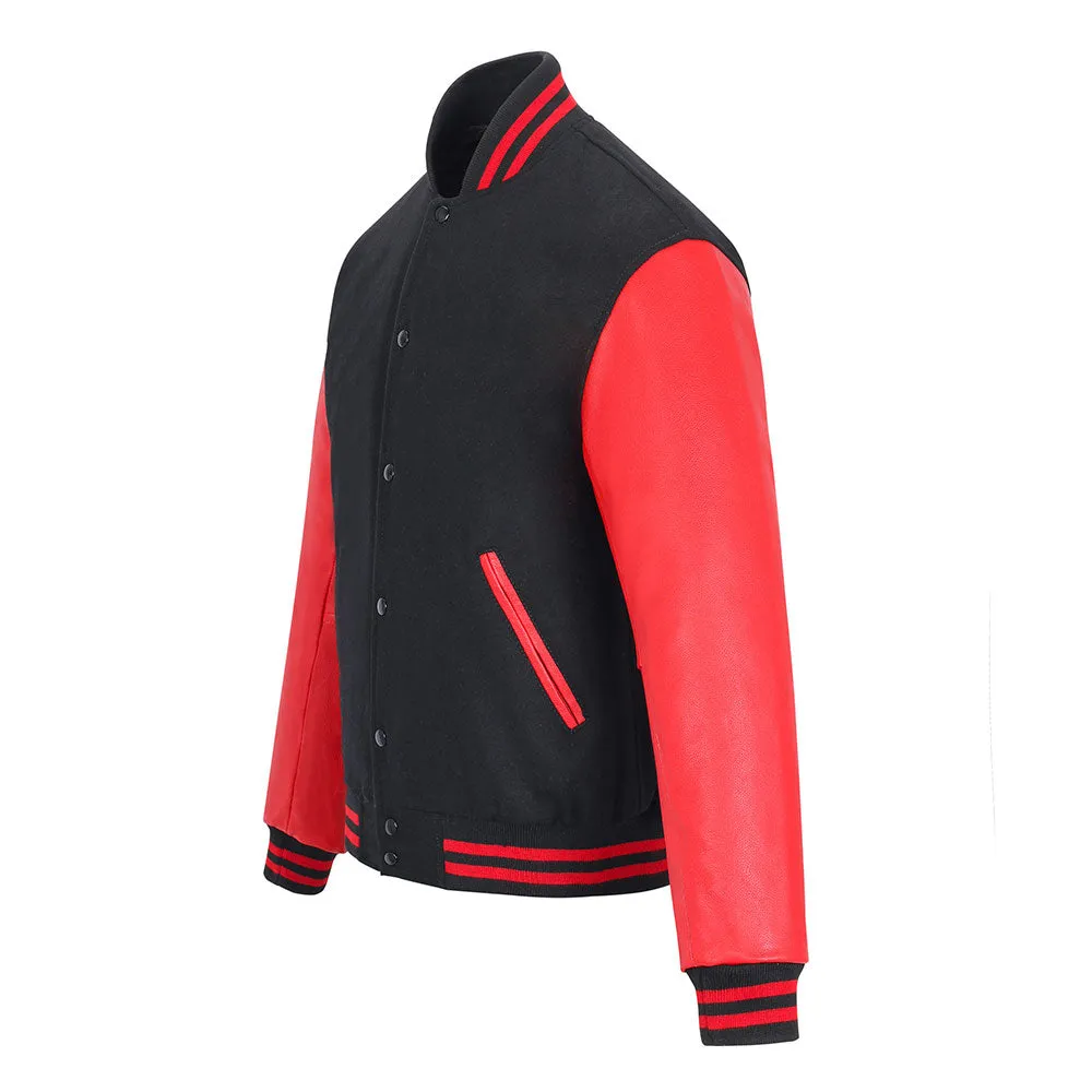 Biker Gear Pro Classic Hybrid Varsity Jacket University Letterman Bomber Jacket-Pure Wool & Original Cowhide Leather Jacket, Bla