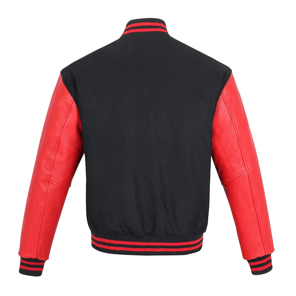 Biker Gear Pro Classic Hybrid Varsity Jacket University Letterman Bomber Jacket-Pure Wool & Original Cowhide Leather Jacket, Bla