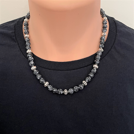 Black and Gray Matte Agate Mens Beaded Necklace