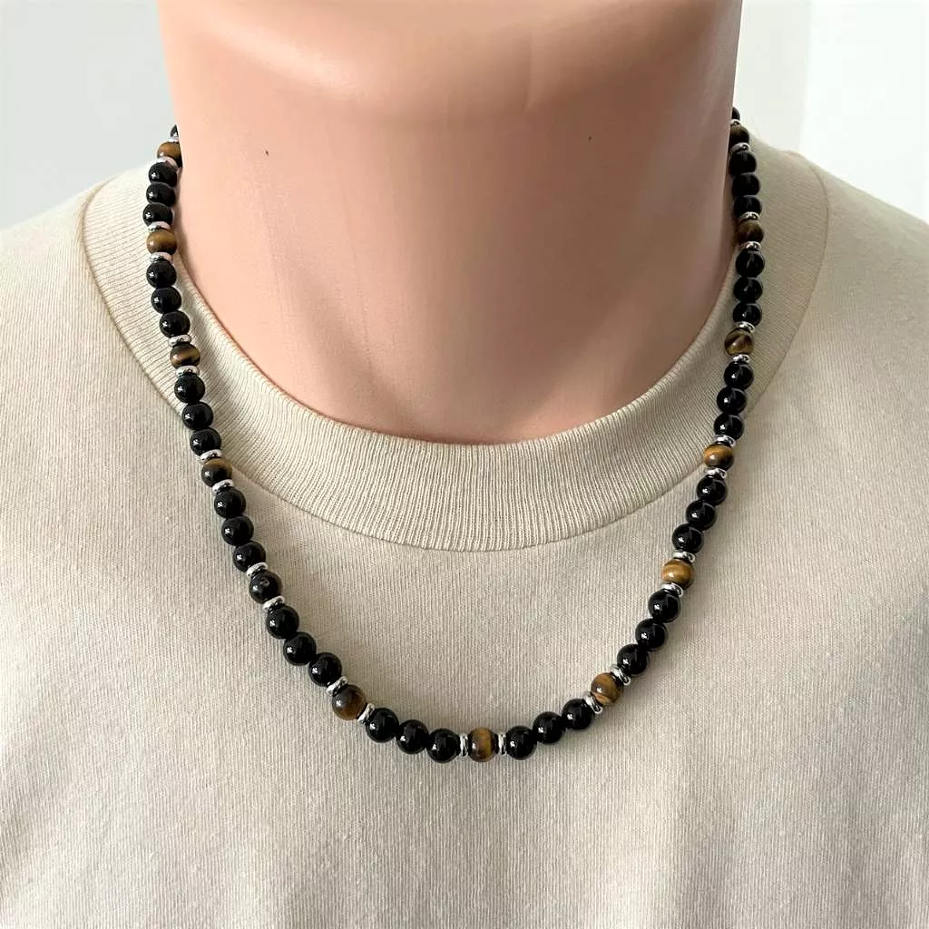 Black Onyx and Tigers Eye Beaded Mens Necklace