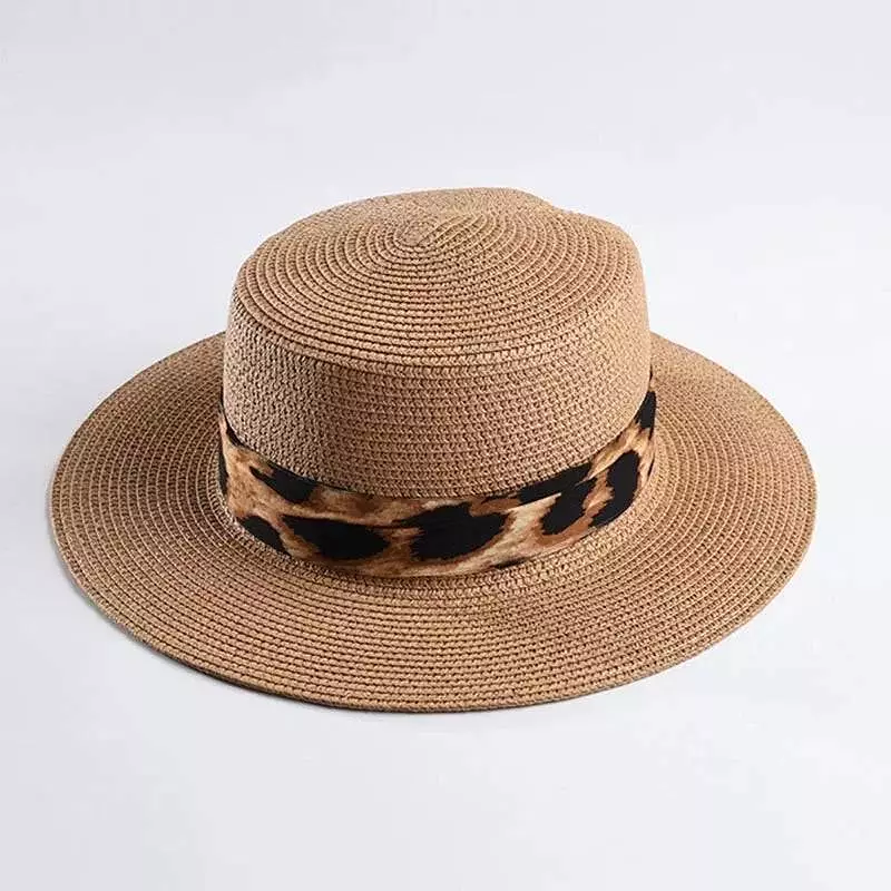 Brown Paper Straw Summer Hat With Leopard Ribbon