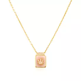 Cannabis Leaf on Pink Opal Signet Necklace