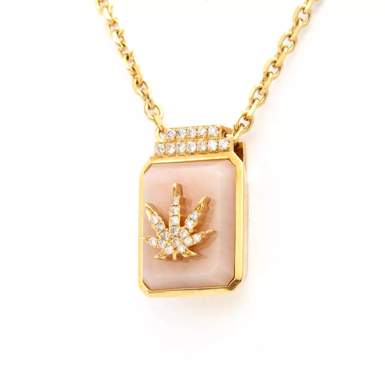 Cannabis Leaf on Pink Opal Signet Necklace