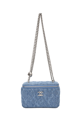 Chanel Blue Denim Quilted Camellia Case Chain Bag with Mirror