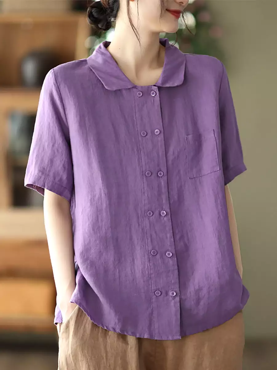 Double Breasted Ramie Casual Summer Women Shirt