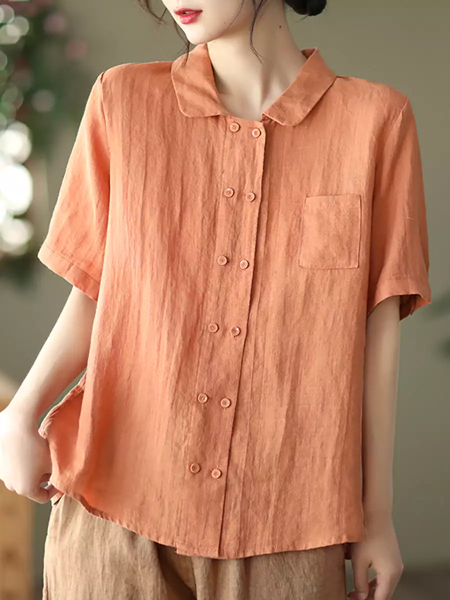 Double Breasted Ramie Casual Summer Women Shirt