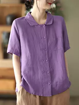 Double Breasted Ramie Casual Summer Women Shirt