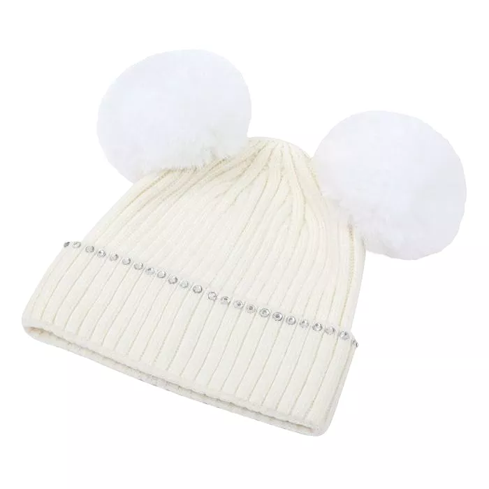 Double POM POM Hat White with Crystal Detail