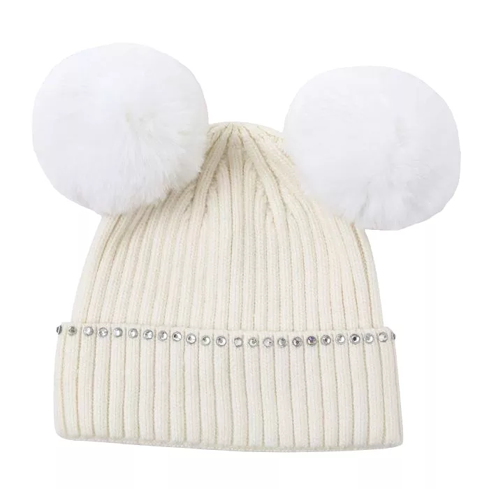 Double POM POM Hat White with Crystal Detail