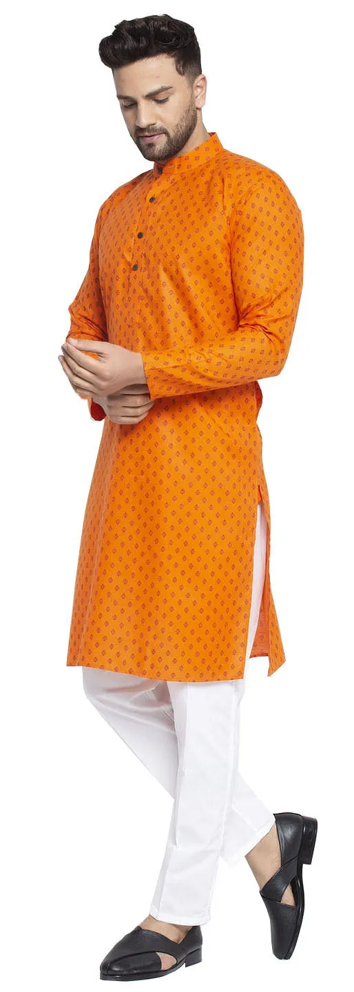 Ethnic Wear Men's Printed Kurta Pajama Cotton Indian (Orange)