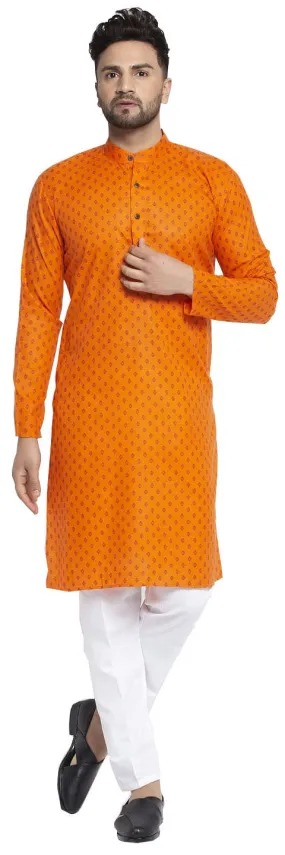 Ethnic Wear Men's Printed Kurta Pajama Cotton Indian (Orange)