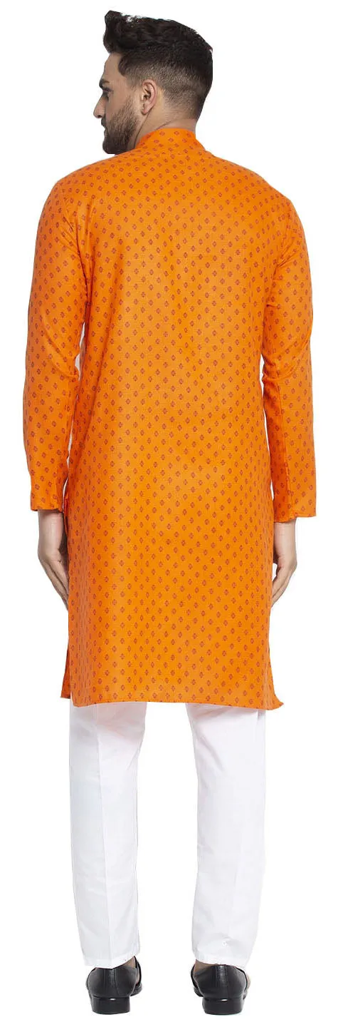 Ethnic Wear Men's Printed Kurta Pajama Cotton Indian (Orange)