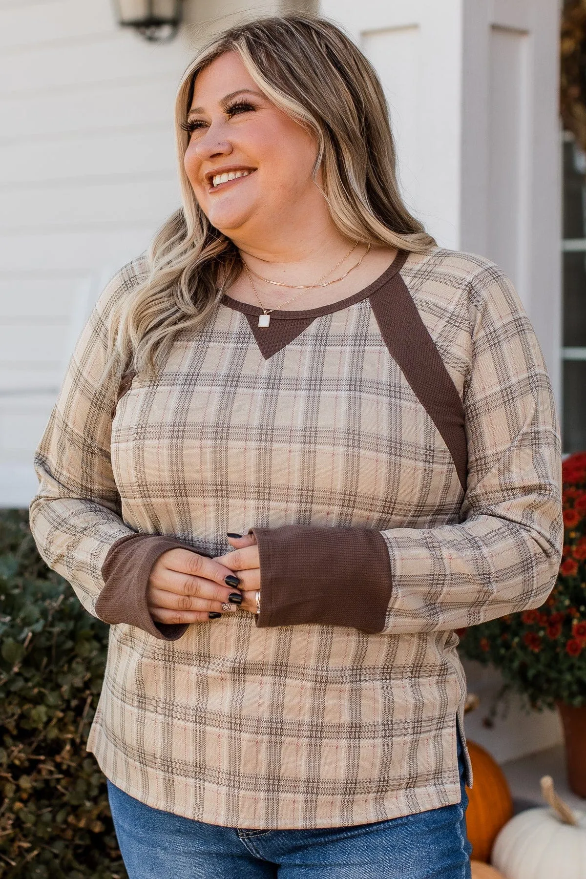 Free Yourself Plaid Long Sleeve Top- Taupe