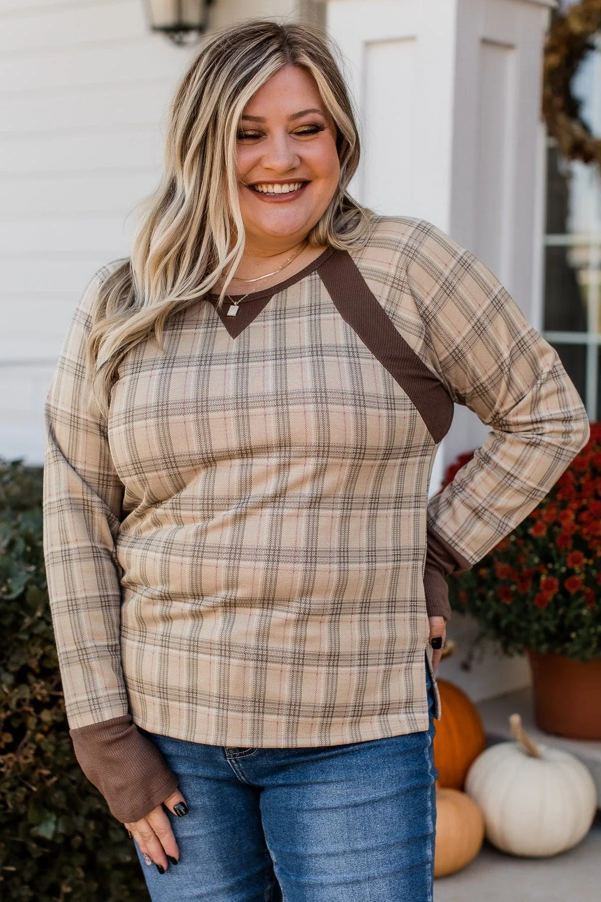 Free Yourself Plaid Long Sleeve Top- Taupe