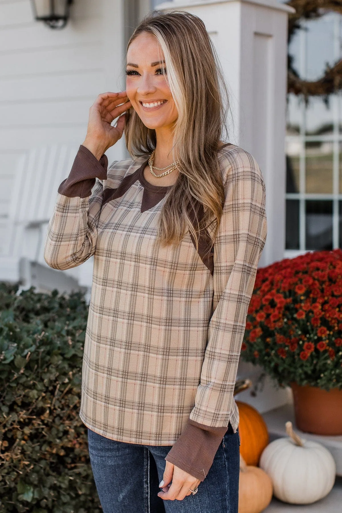 Free Yourself Plaid Long Sleeve Top- Taupe