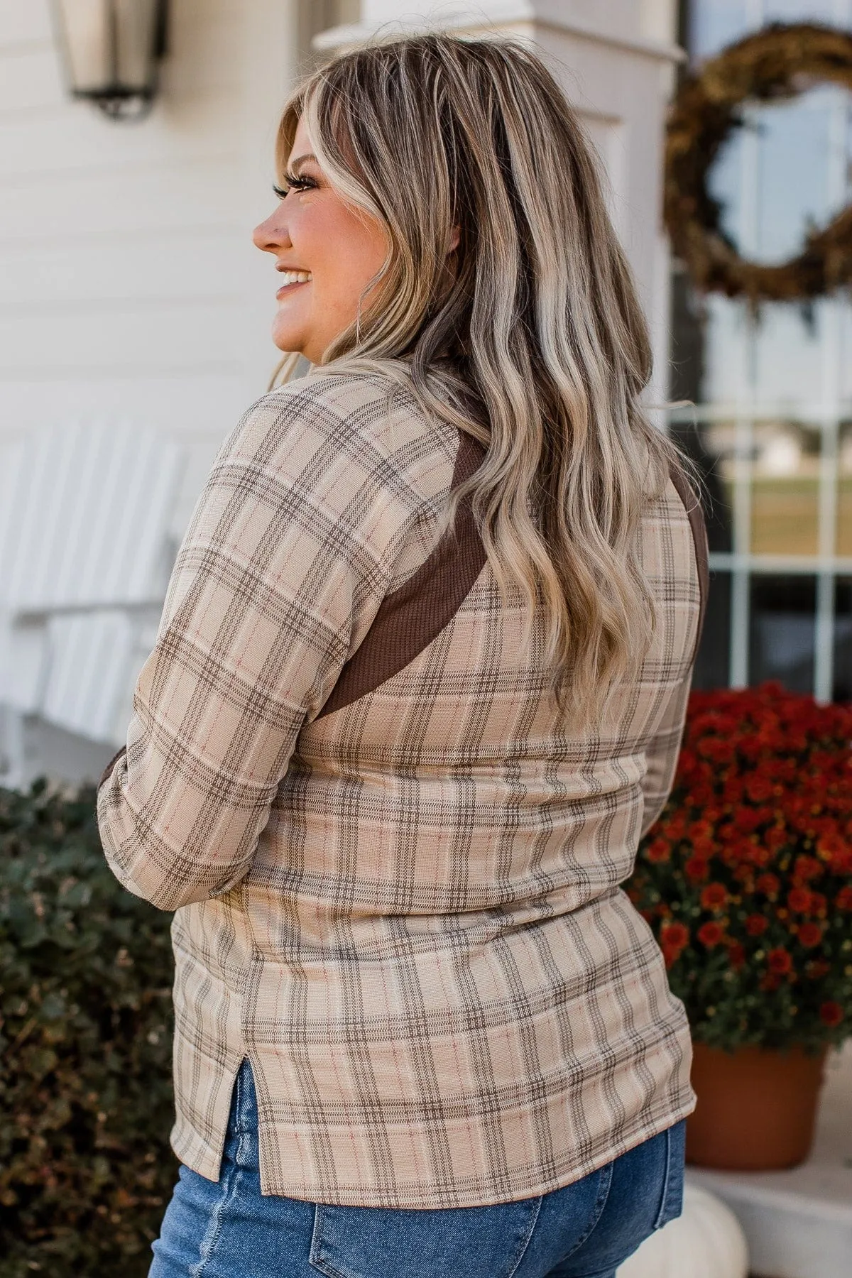 Free Yourself Plaid Long Sleeve Top- Taupe