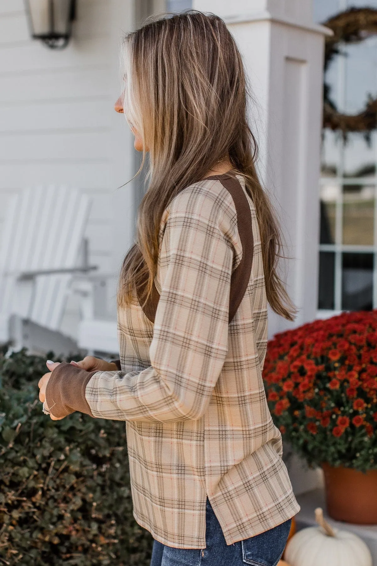 Free Yourself Plaid Long Sleeve Top- Taupe