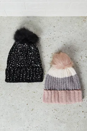 Girls Assorted Knitted Beanies Set (Pack of 2)