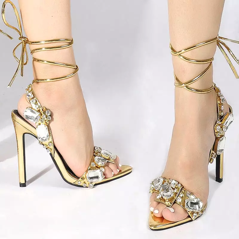 Golden Heels High Quality Crystal Diamond Pointed Toe Sandals