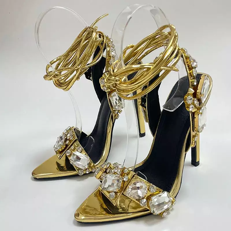 Golden Heels High Quality Crystal Diamond Pointed Toe Sandals