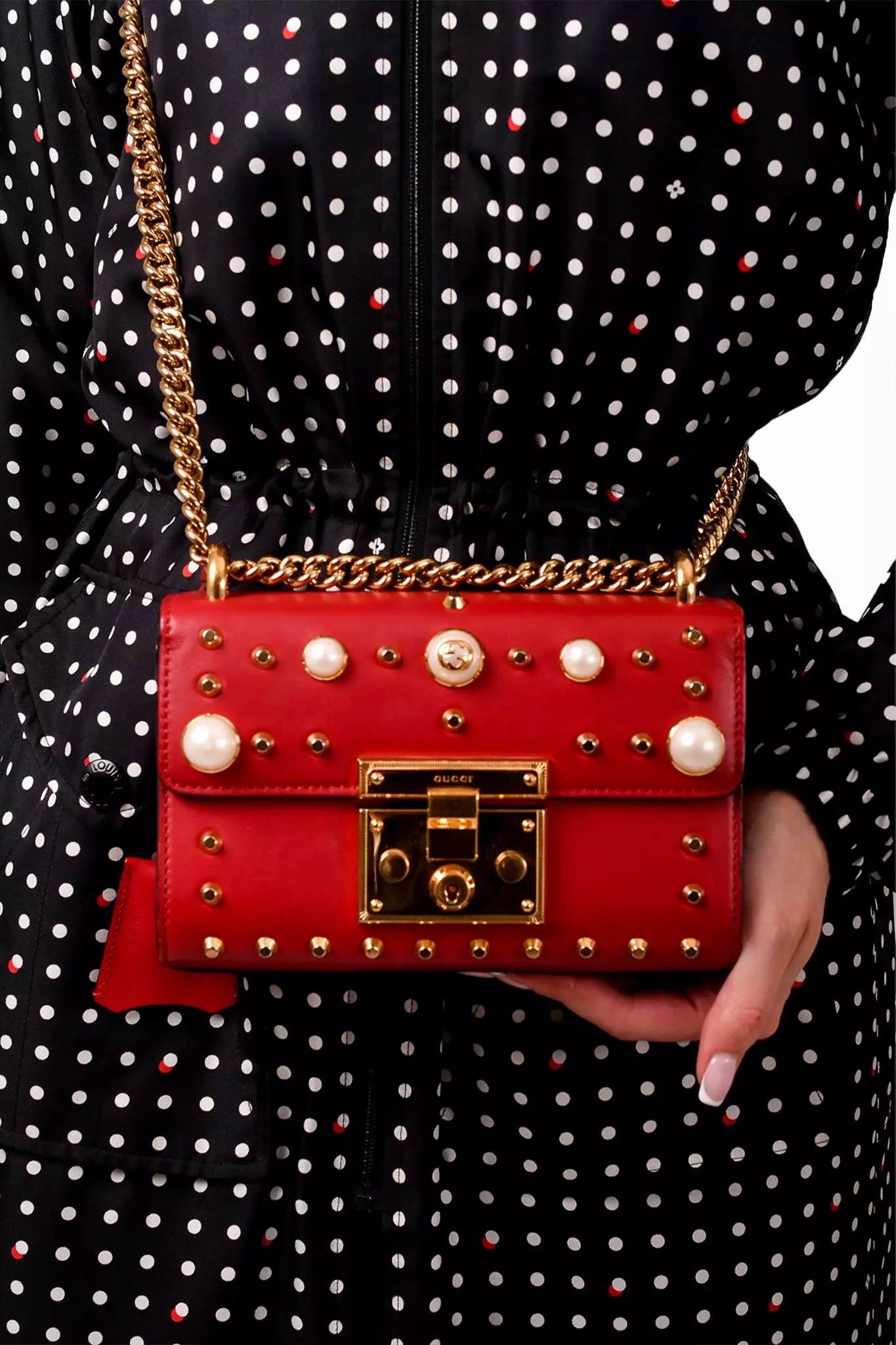 Gucci Red Leather Small Pearly Padlock Chain Bag