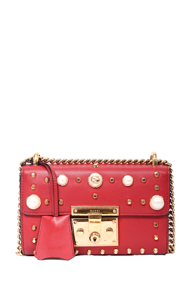 Gucci Red Leather Small Pearly Padlock Chain Bag