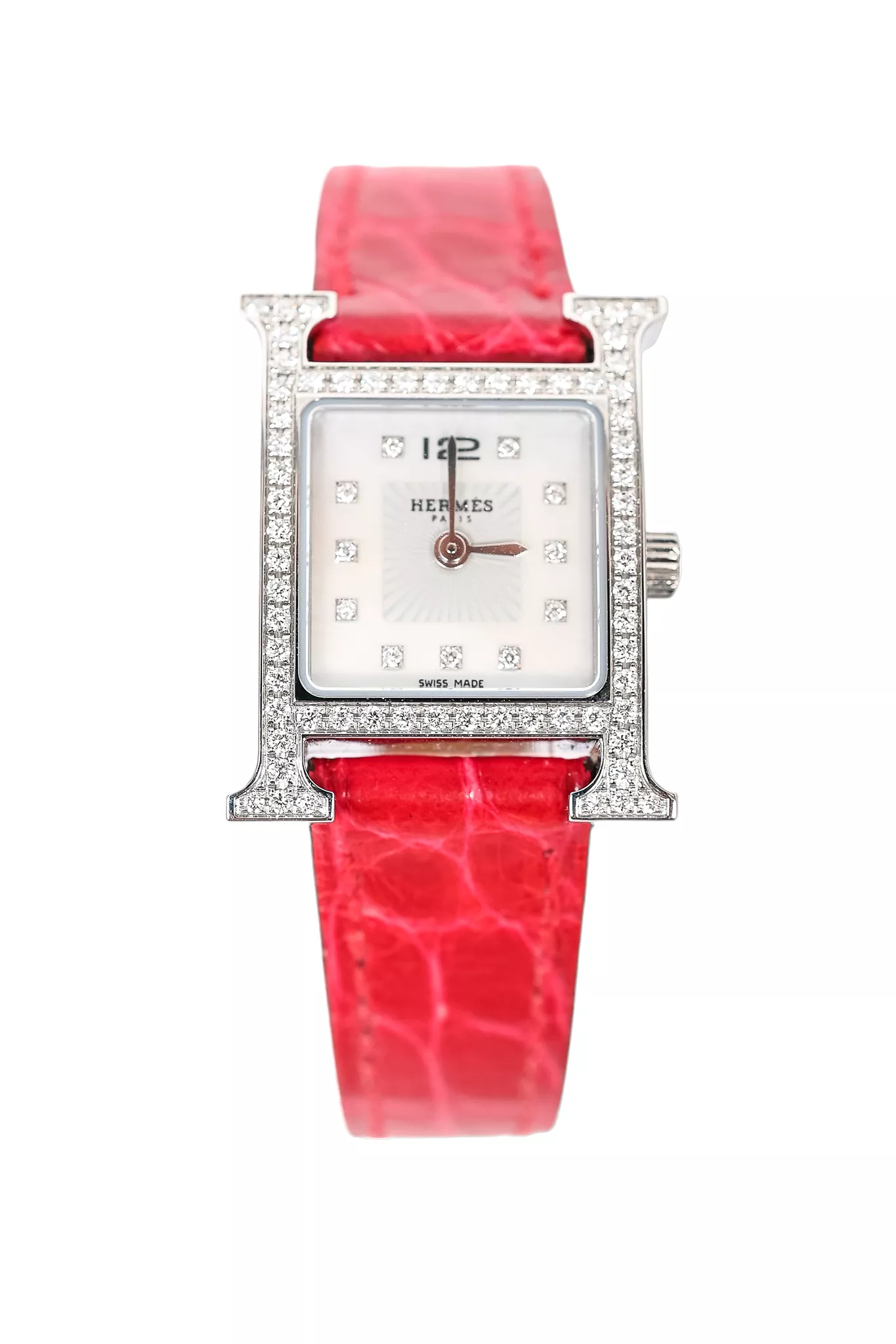 Hermes Stainless Steel Diamond Bezel Mini H Heure 21mm Watch w/ Magenta Alligator Strap