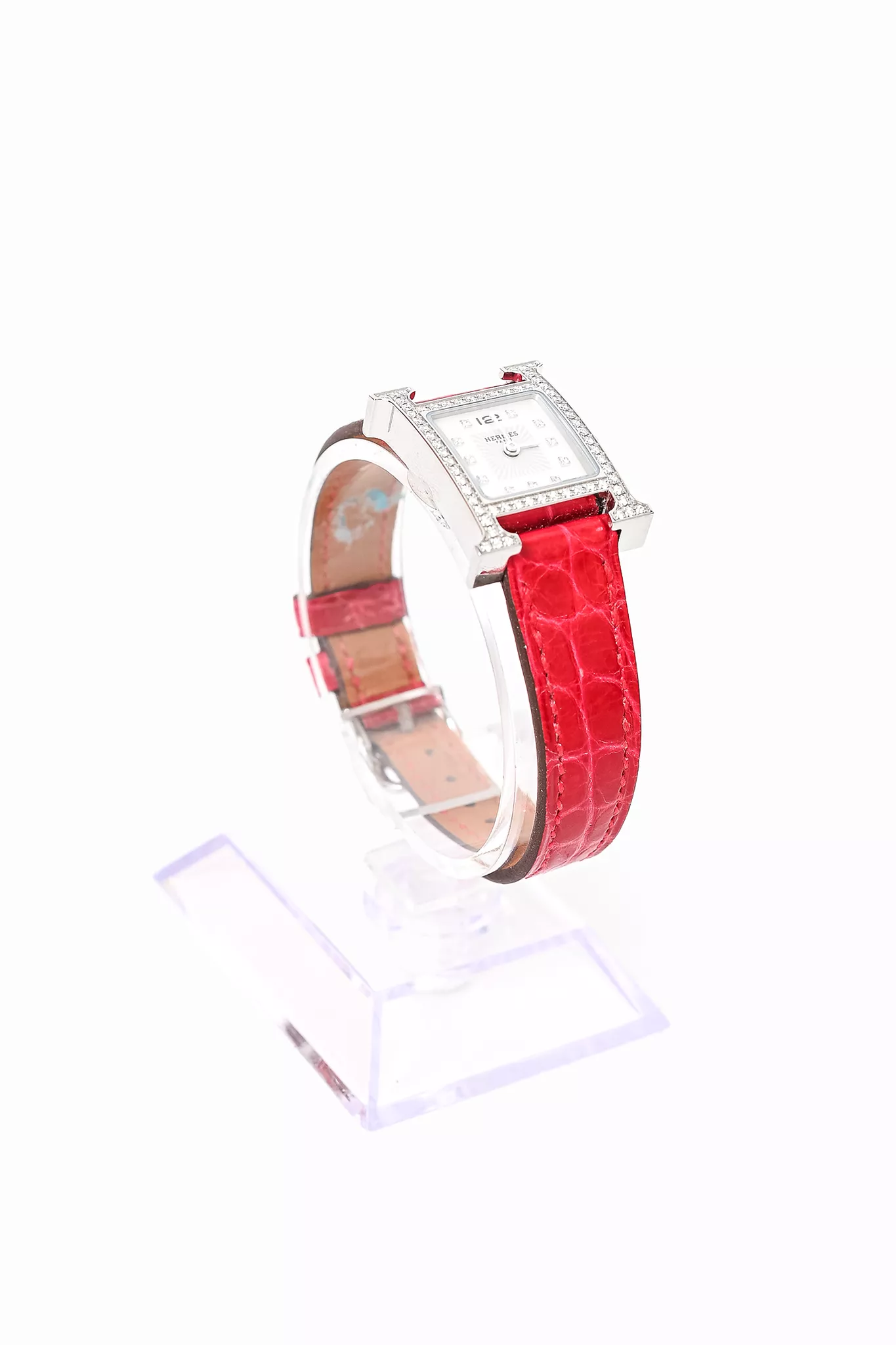 Hermes Stainless Steel Diamond Bezel Mini H Heure 21mm Watch w/ Magenta Alligator Strap