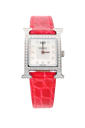 Hermes Stainless Steel Diamond Bezel Mini H Heure 21mm Watch w/ Magenta Alligator Strap