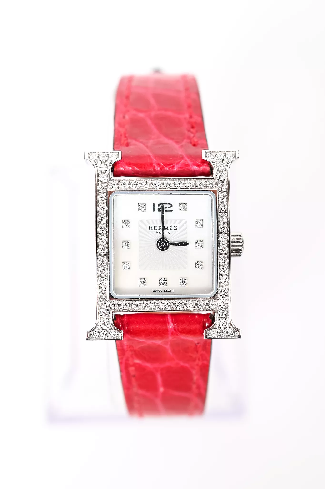 Hermes Stainless Steel Diamond Bezel Mini H Heure 21mm Watch w/ Magenta Alligator Strap