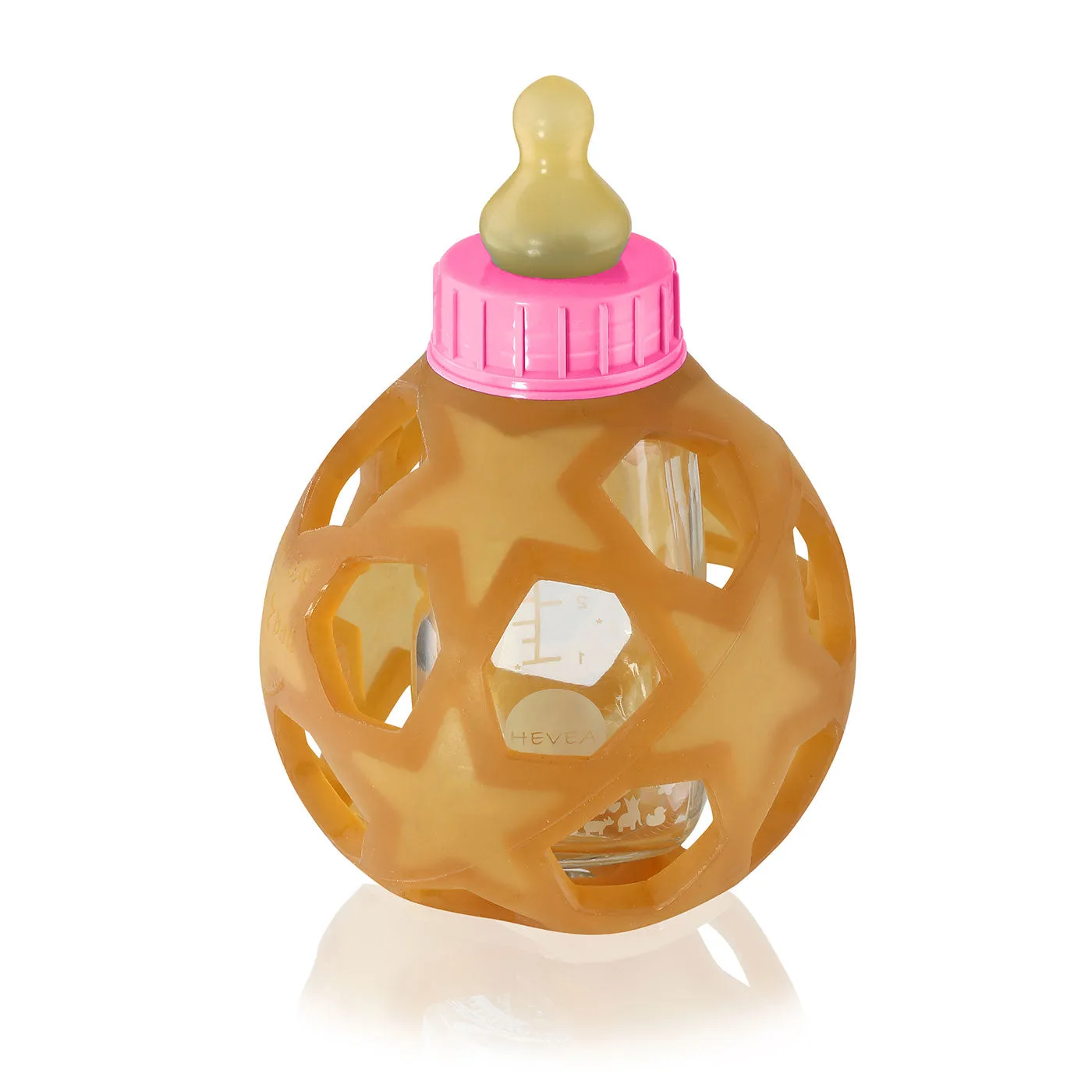 HEVEA Glass Baby Bottle w. Star Ball Cover | Pink