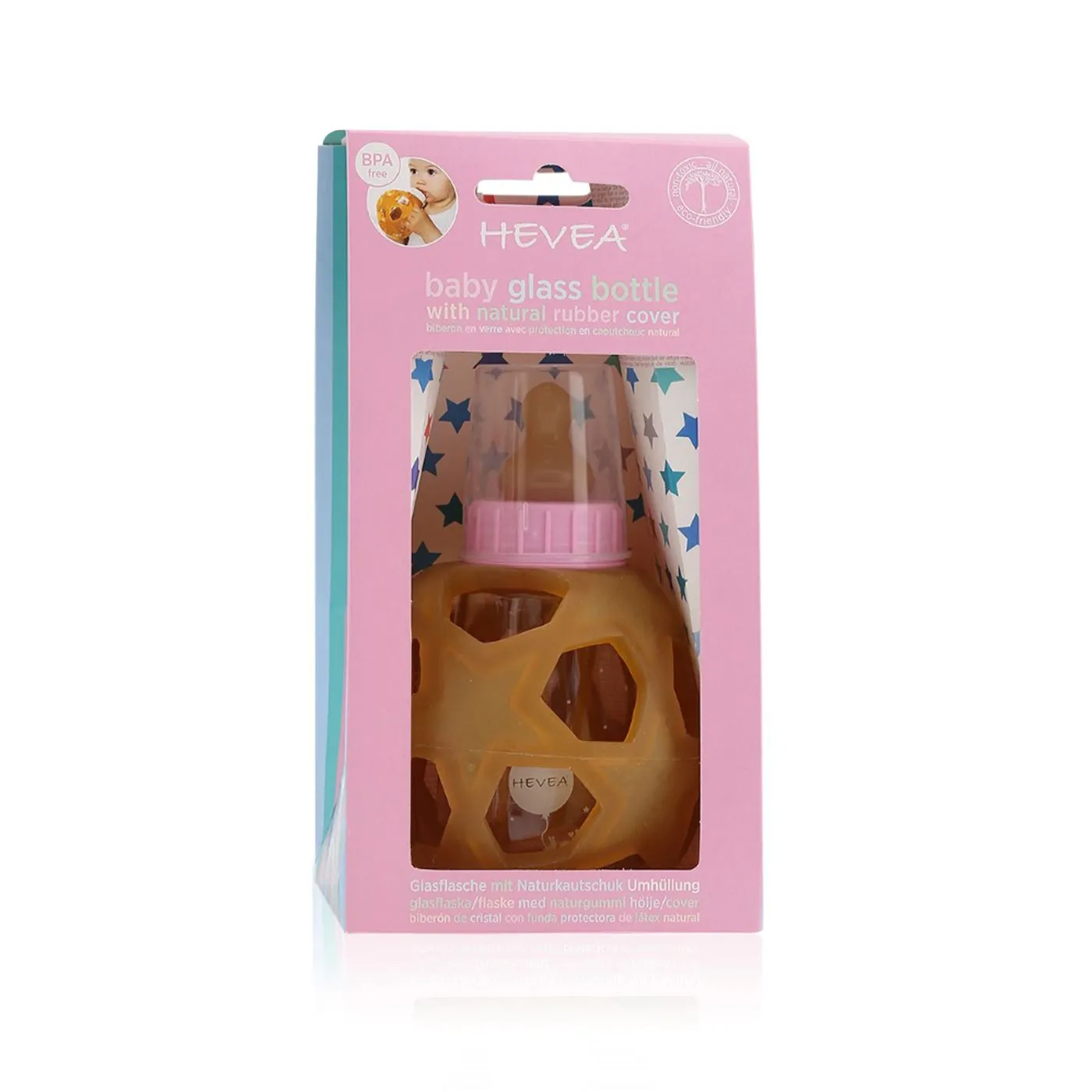 HEVEA Glass Baby Bottle w. Star Ball Cover | Pink