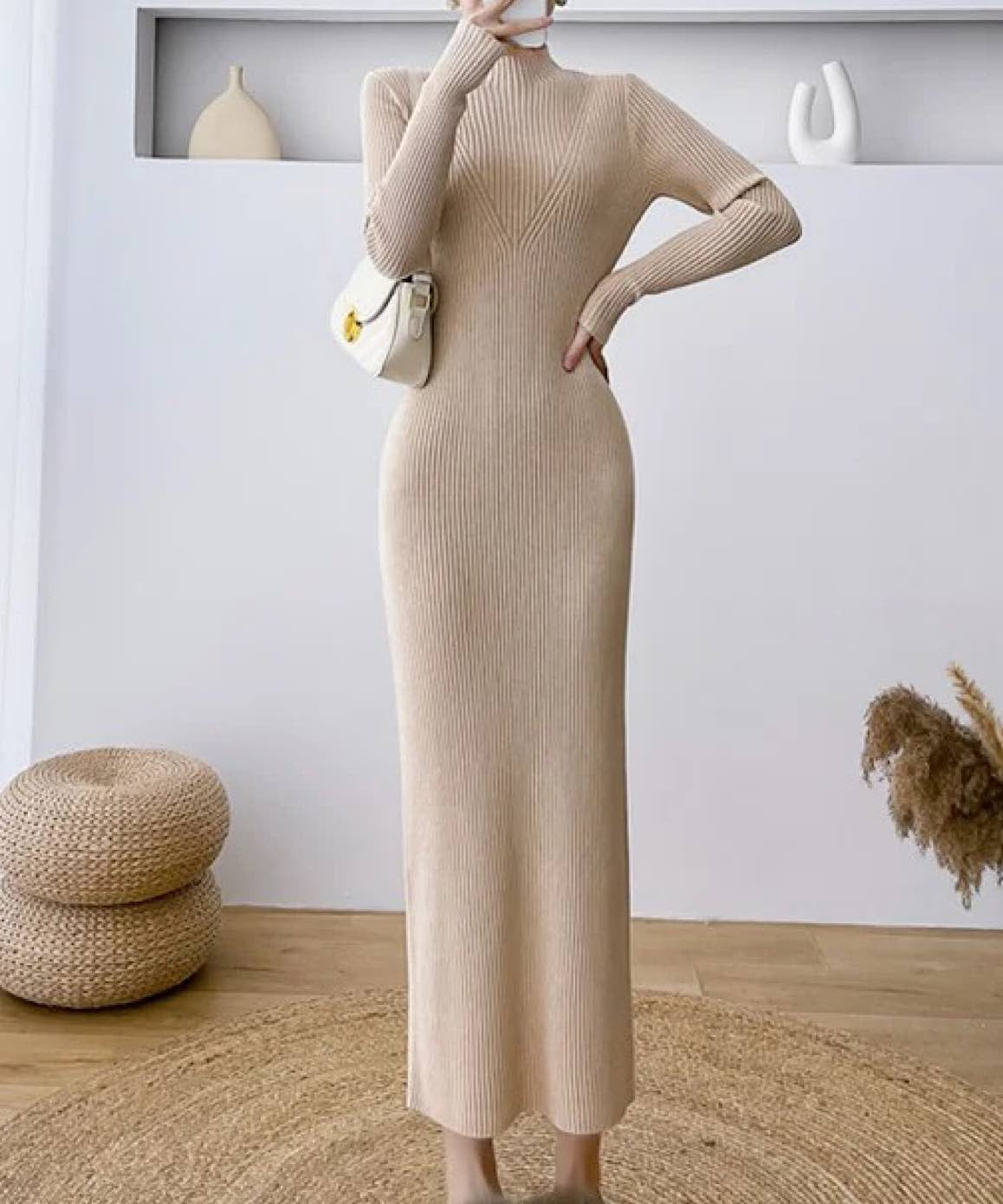 High Neck Knitted Maxi Slim Dress