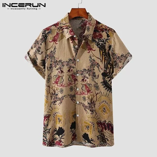 INCERUN Men Shirt Printed Lapel Short Sleeve Cotton Casual Vintage Ethnic Style Hawaiian Shirts Streetwear Camisas S3399936