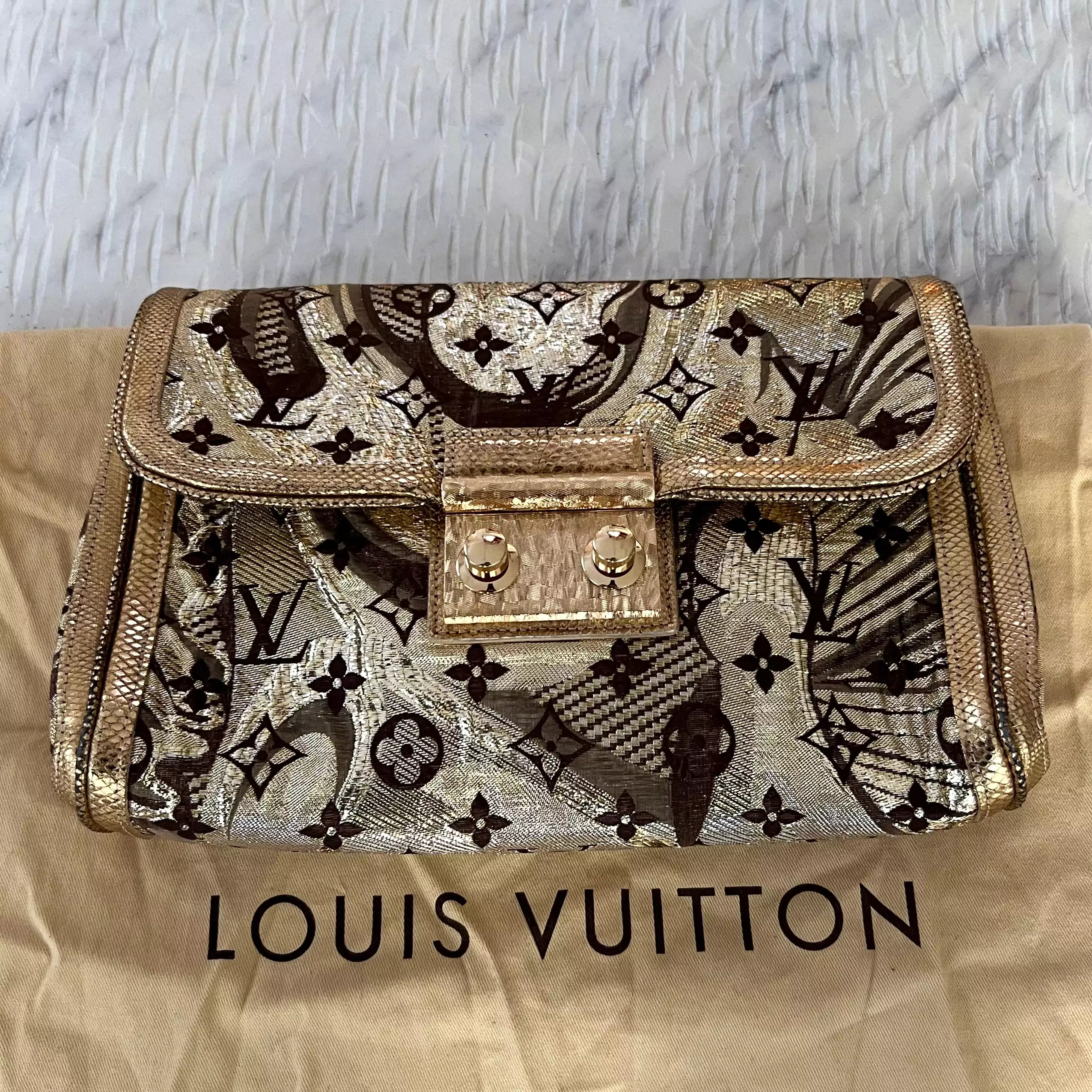 Louis Vuitton Gold Brocade Thalie Clutch