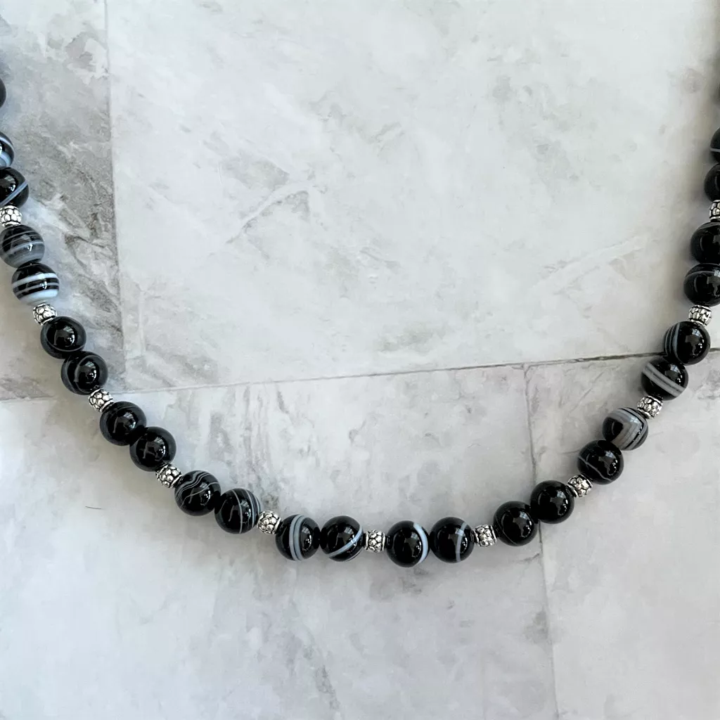 Mens Black and White Striped Agate Beaded Necklace