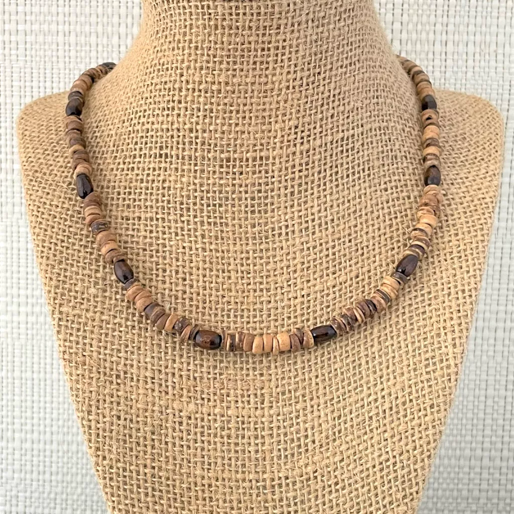 Mens Brown Coconut Shell Heishi and Wood Beaded Necklace