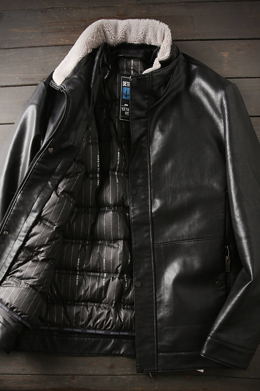 Mens Large size Detachable liner men's autumn and winter down cotton 2 in 1 leather jacket